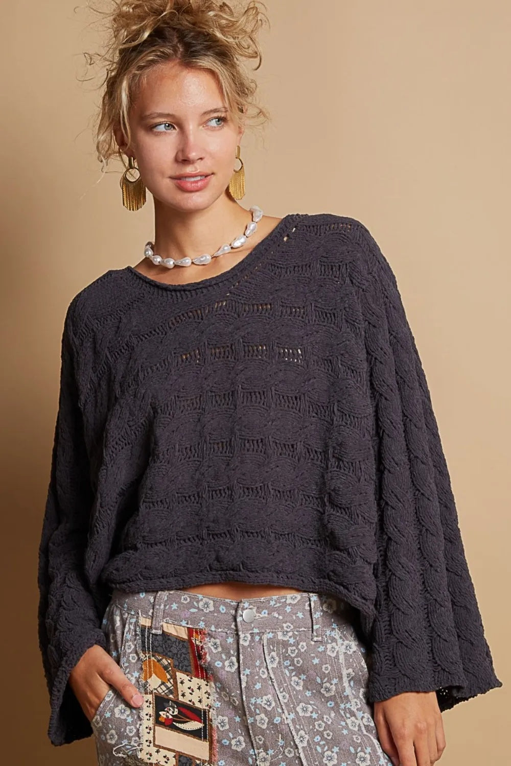 POL Round Neck Cable Knit Cropped Sweater - Lotus Lane