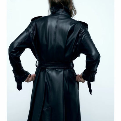 Black Long With Belt Fashionable All-match Leather Wind Coat Coat