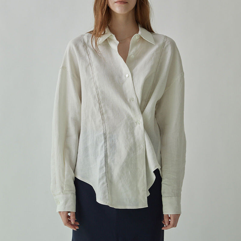 Linen Shirt French Hollow Embroidered Loose Long Sleeve Blouse - Lotus Lane