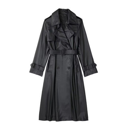 Black Long With Belt Fashionable All-match Leather Wind Coat Coat