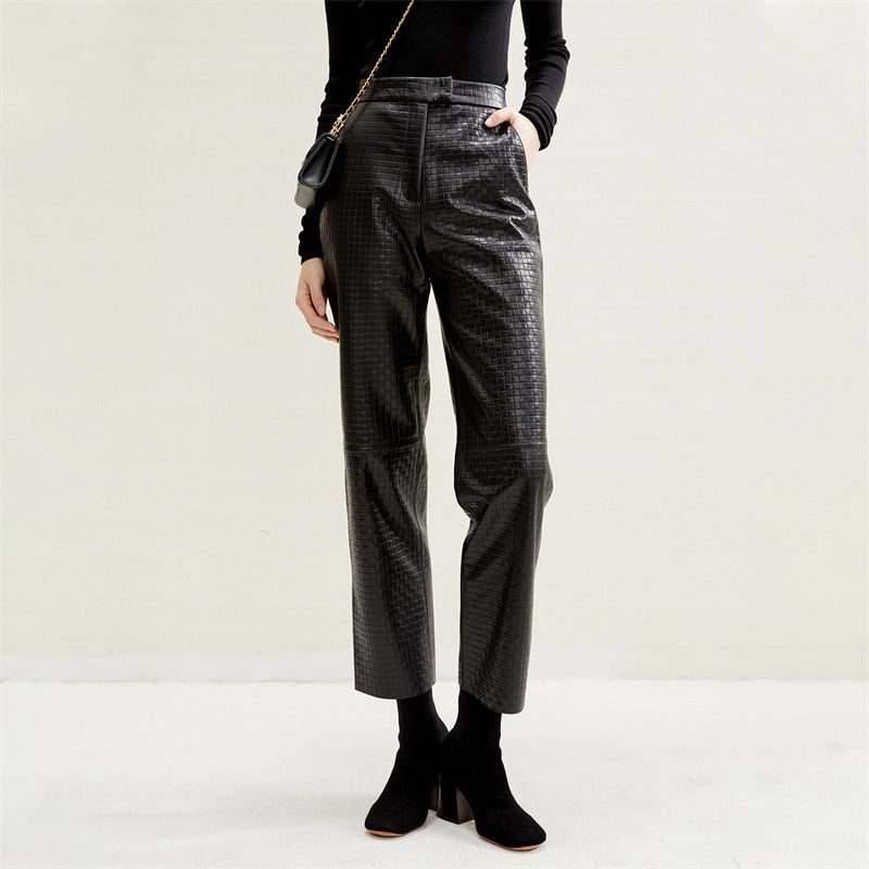 Pocket Embossing Design Sheepskin Straight Pants - Lotus Lane