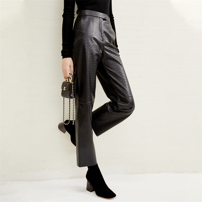 Pocket Embossing Design Sheepskin Straight Pants - Lotus Lane