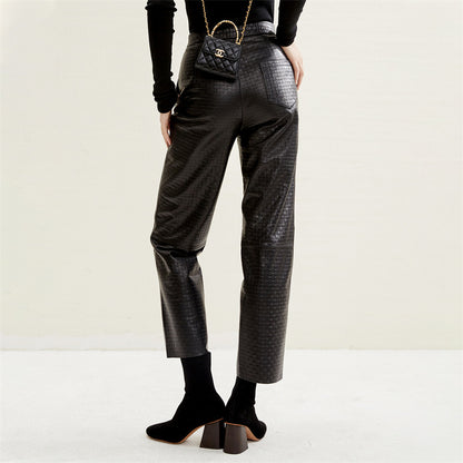 Pocket Embossing Design Sheepskin Straight Pants - Lotus Lane