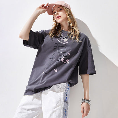 Short Sleeve Character Print Loose Fit Cotton