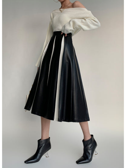 Stitching Pleated Skirt Women's PU Leather Autumn And Winter - Lotus Lane