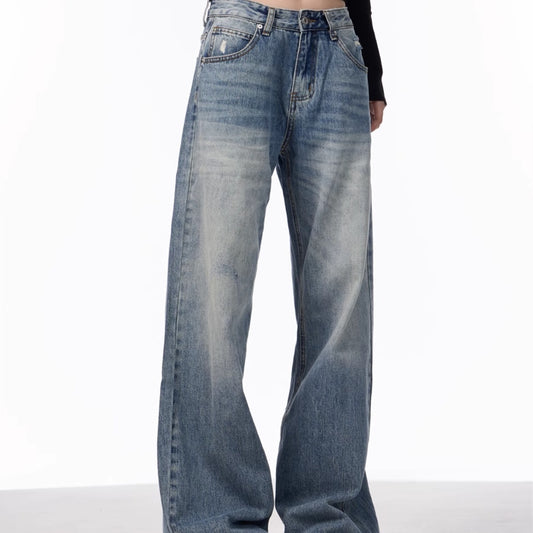 Retro Washed Distressed High Waist Jeans Women's, Blue Trousers - Lotus Lane