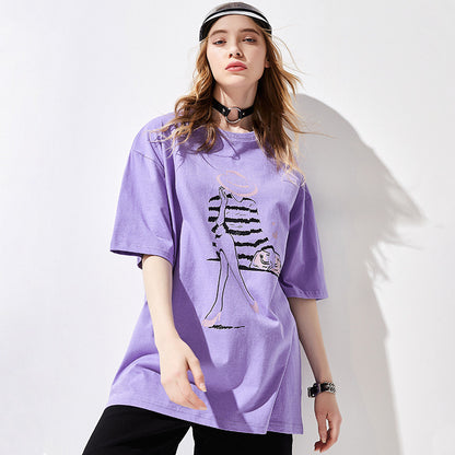 Short Sleeve Character Print Loose Fit Cotton