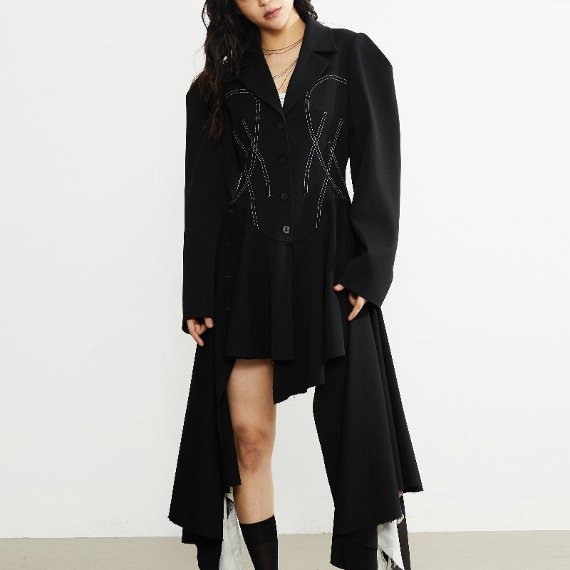 Retro Decorative Open-line Irregular Hem Profile Suit Large Coat - Lotus Lane